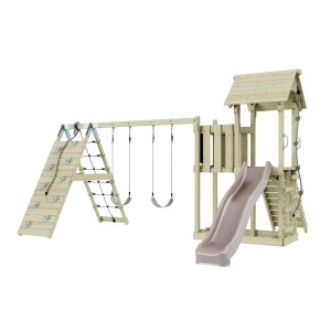 OutdoorToys Spielturm Roskilde mit Kletterwand, Rutsche und zwei Schaukeln in Altrosa.