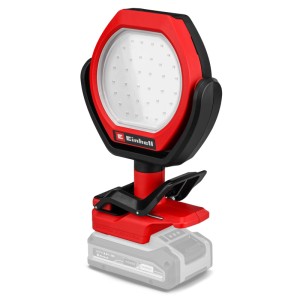 Rote Einhell Akku-Outdoor-Lampe mit hellem LED-Kopf und Klemmfuß für flexible Beleuchtung. Tragbare Arbeitsleuchte.
