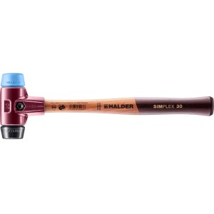 Halder Simplex Schonhammer mit TPE-soft und Gummi, D 30 mm. Hammer mit Holzstiel und blauem/schwarzem Kopf.