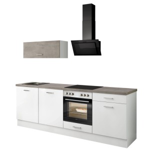 Weiße Impuls Küchenzeile 195 cm mit dunkelgrauer Beton-Optik Arbeitsplatte, Backofen, Kochfeld, Spüle und Dunstabzugshaube.