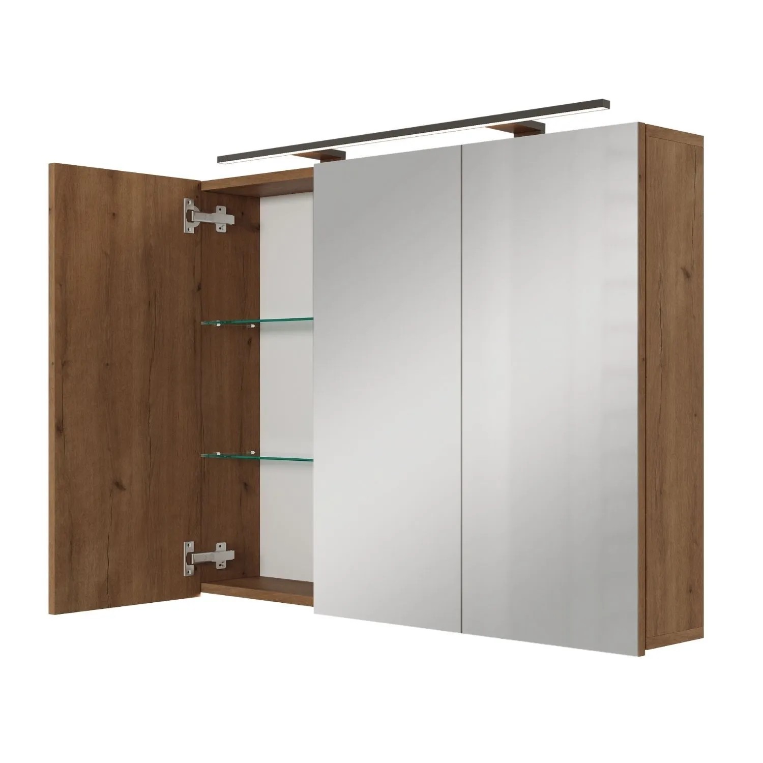 Planetmöbel ARIA Spiegelschrank 100 cm Gold Eiche mit LED Leuchte Schwarz Steckdosenbox 230 V