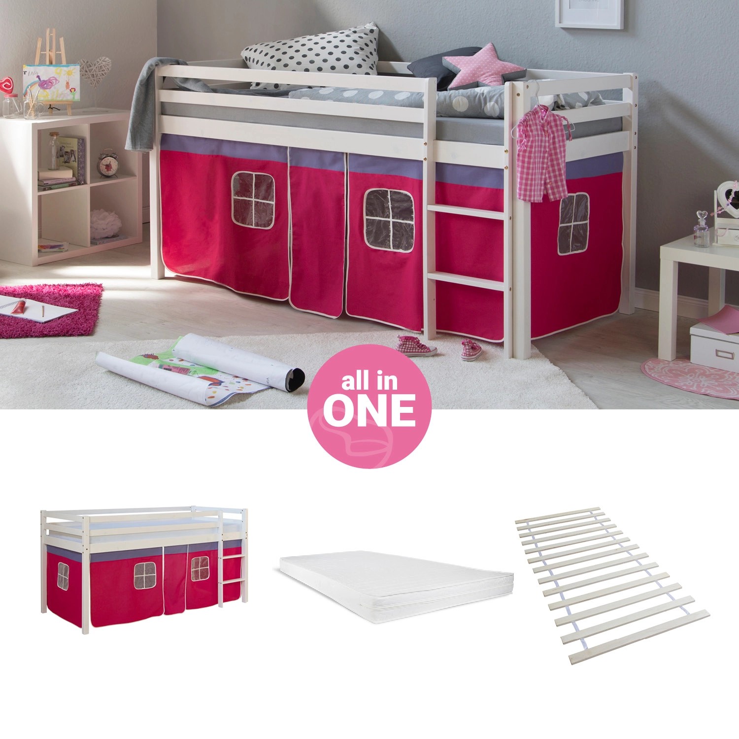 Homestyle4u Hochbett 90x200 mit Vorhang Lattenrost und Matratze in Weiß 2580