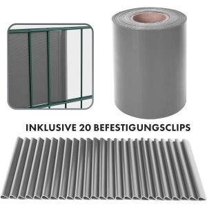 KARAT PVC Sichtschutzstreifen Grau 19cm x 35m mit 20 Befestigungsclips für Gartenzäune.