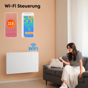 CIARRA Keramik Heizkörper, weiß, mit WLAN-Steuerung. Frau bedient Heizung per App auf Smartphone. Smarte Wärme.
