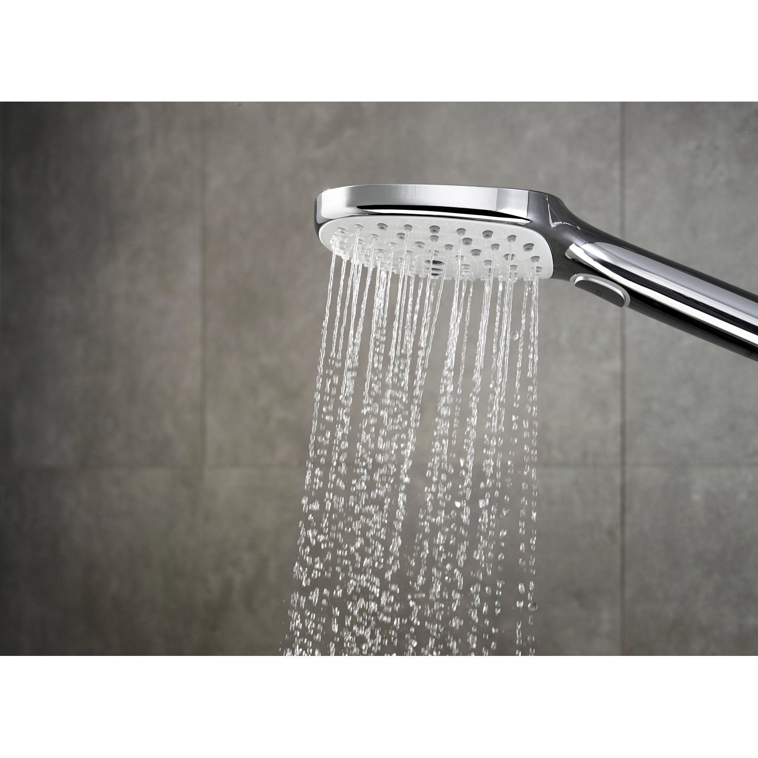 Hansgrohe Raindance Select E 120 Handbrause, 3 Strahlarten, Weiß-Chrom, mit Wasserstrahl.