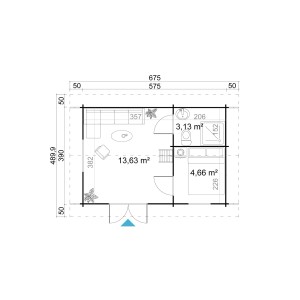 Grundriss des Lasita Maja Gartenhaus Caroline Set, 575x390 cm, mit Raumaufteilung und Maßen.