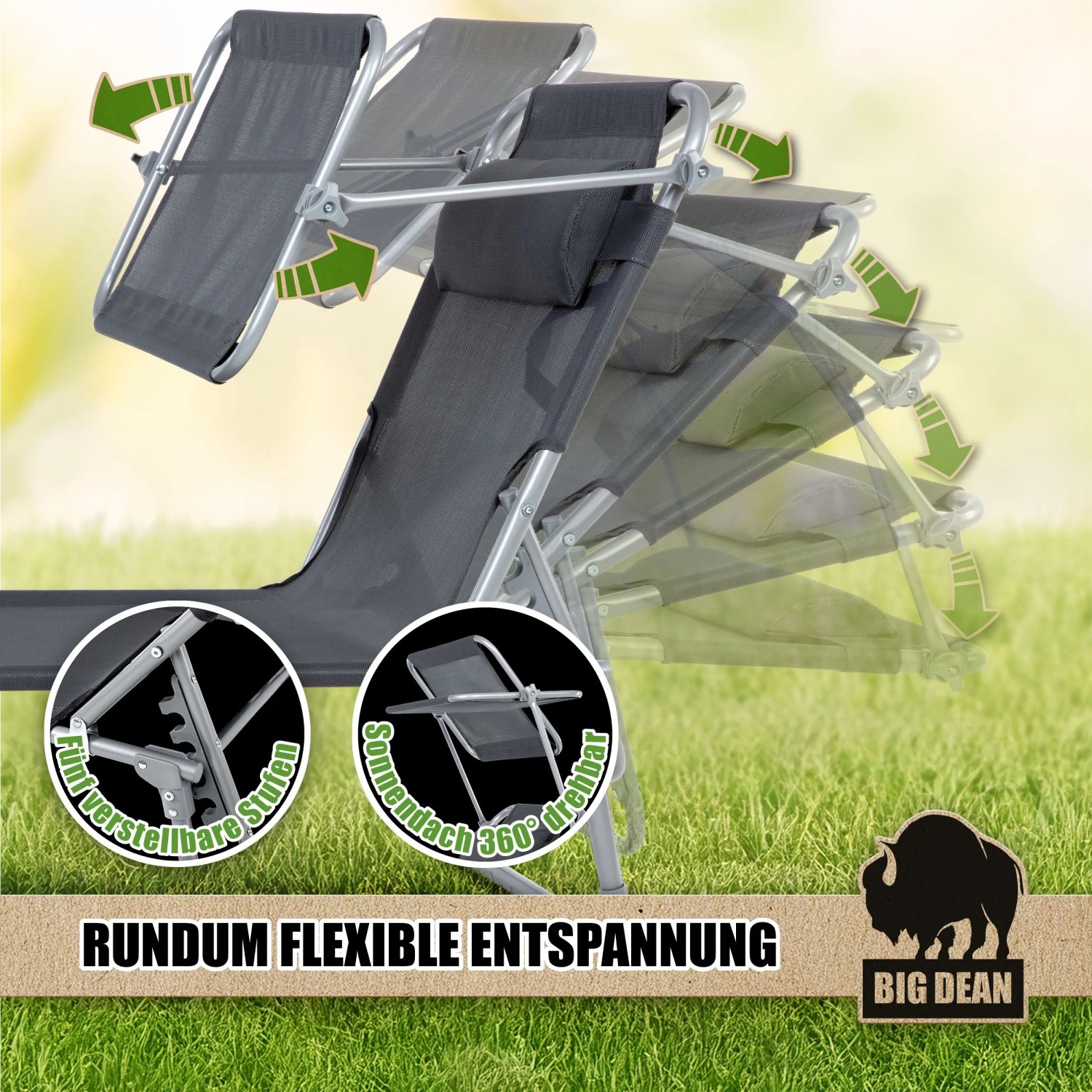 BigDean Sonnenliege, klappbar, dunkelgrau, mit Kopfkissen und Sonnendach, 150 kg belastbar.