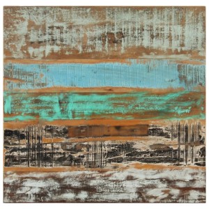 Esstischplatte aus Altholz, distressed in Blau, Türkis, Braun und Weiß, rustikaler Massivholz-Look.