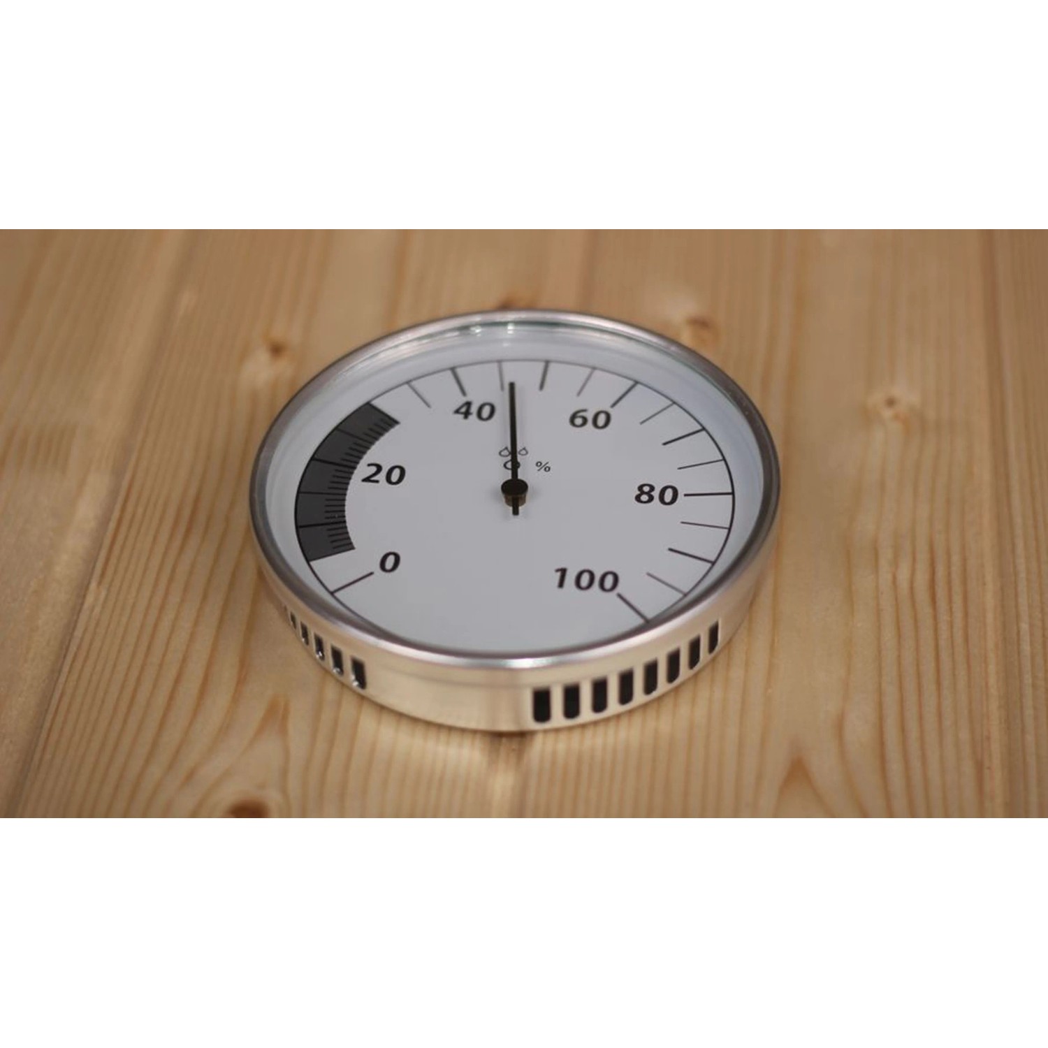 Karibu Hygrometer Classic zur Luftfeuchtigkeitsmessung in der Sauna, verchromter Rahmen.