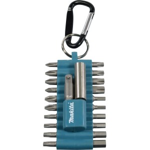 Makita Bit-Set, 22-teilig, mit Karabiner zur Befestigung am Werkzeugkoffer.