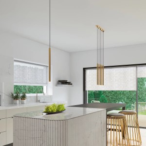 Moderne, goldene Sollux Lighting Pendelleuchte Pastelo 5L im Küchenambiente.