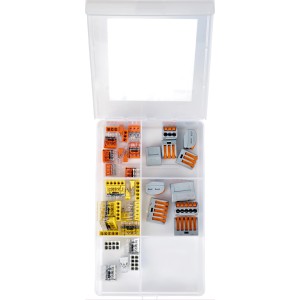 Sortimentsbox mit 45 Verbindungsklemmen in verschiedenen Ausführungen.