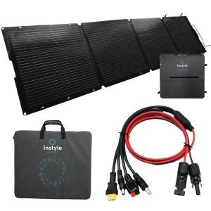Faltbares 200W Solarpanel mit MC4 Stecker, Tasche und Zubehör für Solaranlagen.