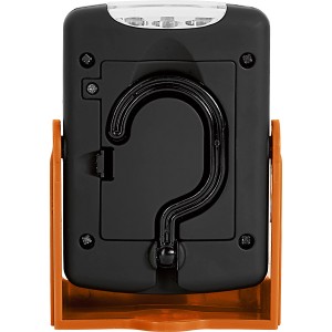 Rückansicht der schwarzen Arbeitsleuchte mit Haken und orangem Standfuß. Taschenlampe mit 23 LEDs.