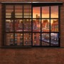 Komar Fototapete Brooklyn Bridge: Blick durch Fenster auf New Yorker Skyline bei Sonnenuntergang.