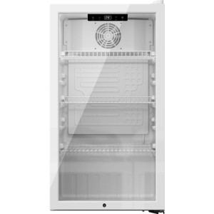Weißer PKM Kühlschrank GKS168W mit Glasfront und Drahtablagen, ideal für Getränke.