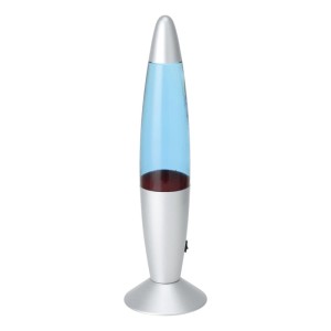 Silberne LED-Lavatischleuchte mit blauem Flüssigkeitszylinder und rotem Wachs. Dekorative Tischlampe mit Schalter.
