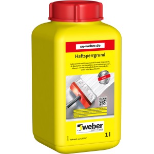 Weber Haftsperrgrund 1 l im gelben Kunststoffbehälter mit rotem Deckel. Haftgrund für diverse Untergründe.
