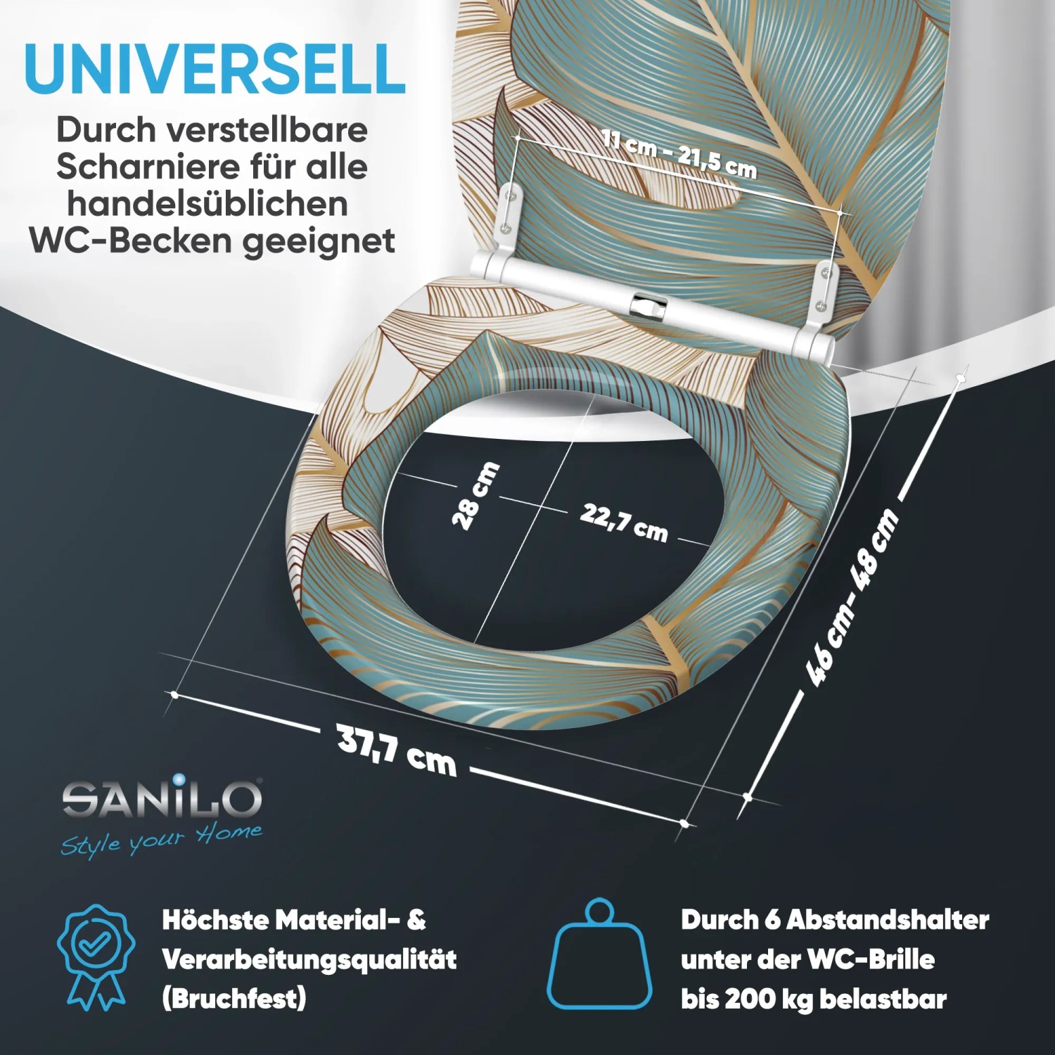 SANILO WC-Sitz Beautiful mit Absenkautomatik und Blattmuster in Türkis und Gold.
