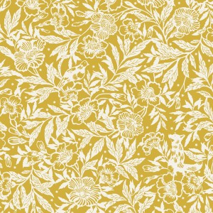 Gelbe Joules Vliestapete mit floralem Muster, Blätter, Blüten und Vogel-Motiven.