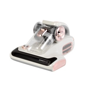 Weißer Technaxx Milbensauger Pro LX-070 mit roségoldenen Akzenten, transparentem Staubbehälter und Powerbrush. Für Matratzen.