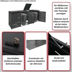 MCW 4er-Mülltonnenverkleidung E83 Anthrazit Stahl, abschließbar, Gasdruckfeder, erweiterbar. Garten Ordnungssystem.
