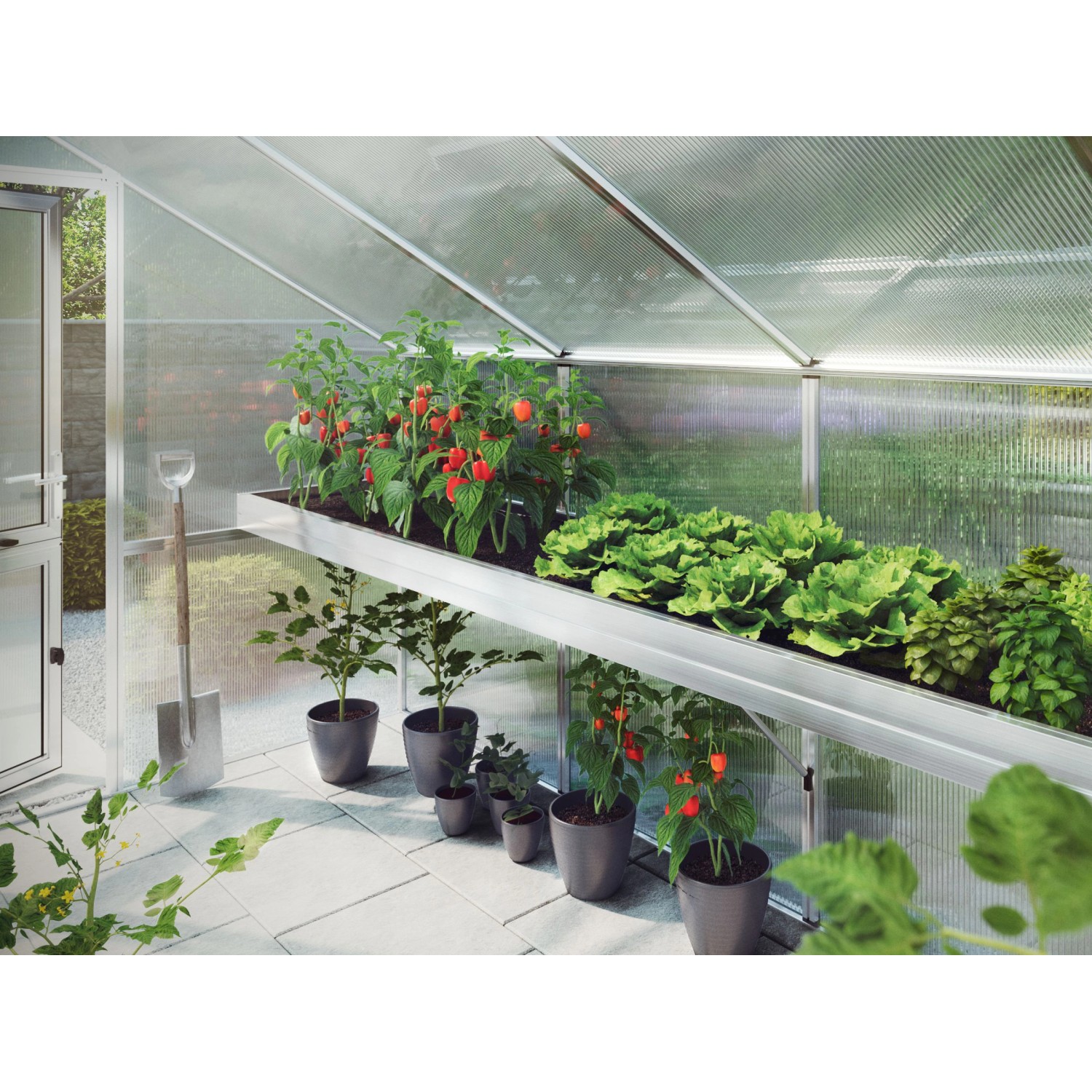 KGT Pflanzwanne Iris III im Gewächshaus mit Bepflanzung und Gartengeräten.