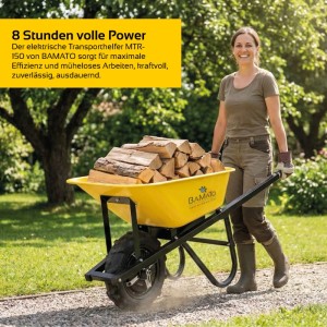 Frau schiebt gelbe BAMATO Elektrische Schubkarre MTR-150 mit Brennholz im Garten. 150 kg Tragkraft, 75-Liter-Mulde.