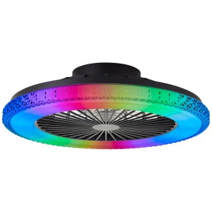 Schwarze LED-Deckenleuchte Badria mit Ventilator und RGB-Beleuchtung, Ø 49 cm.