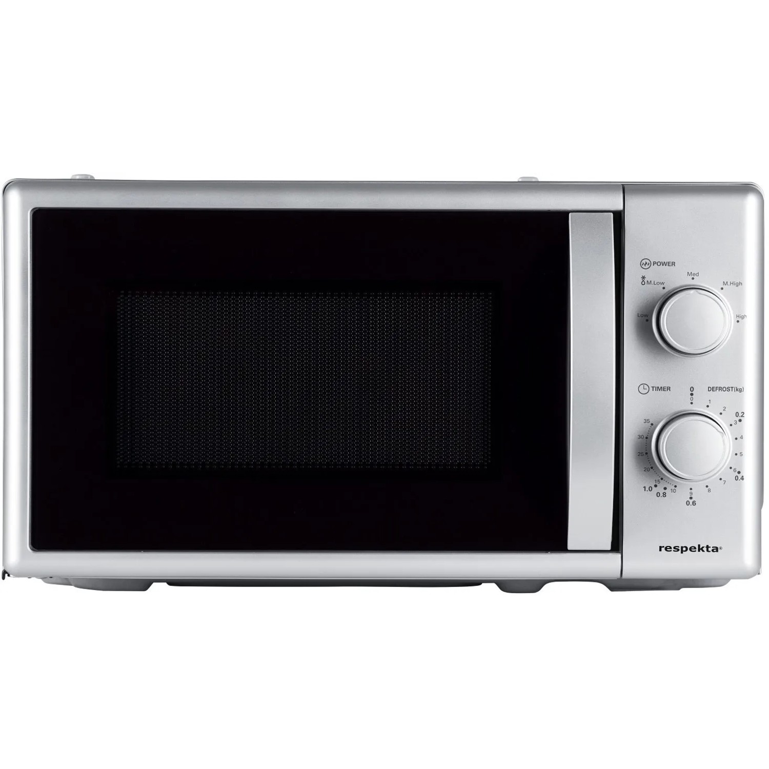 Respekta Mikrowelle MW700 für Küchenzeile KB150EYSMIC, silberfarben mit Drehwählern.