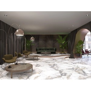United Tile Marble Riva Gold Feinsteinzeug Bodenfliese in Weiß-Grau, Marmor-Optik, glasiert poliert, in modernem Wohnraum.