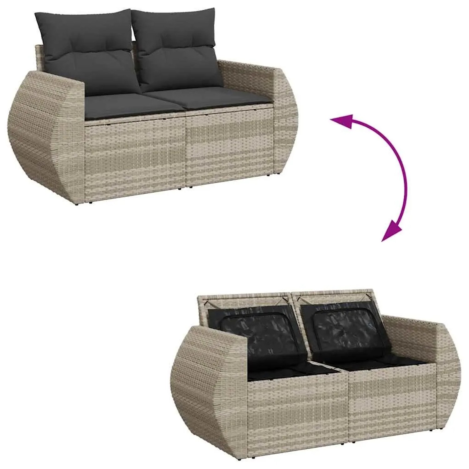 Hellgraue 9-tlg. vidaXL Garten-Sofagarnitur aus Poly Rattan mit Kissen, mit Stauraumfunktion.