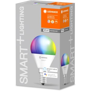Ledvance Smart+ WiFi LED-Lampe E14 Tropfenform mit Farbwechsel, in Verpackung.