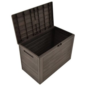 Geöffnete, braune VidaXL Gartenbox (78x44x55 cm) aus Polypropylen. Universalbox für Garten, Terrasse oder Hof.