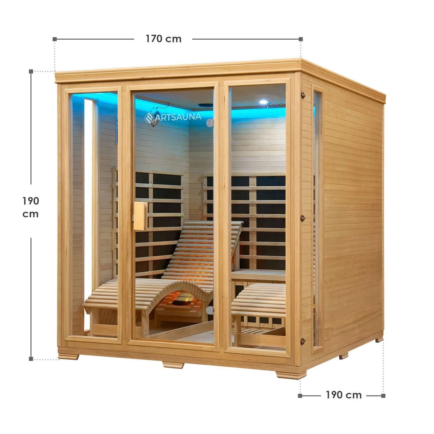 Artsauna Infrarotkabine Billund aus Hemlockholz mit Liegen und Dual Heizsystem.