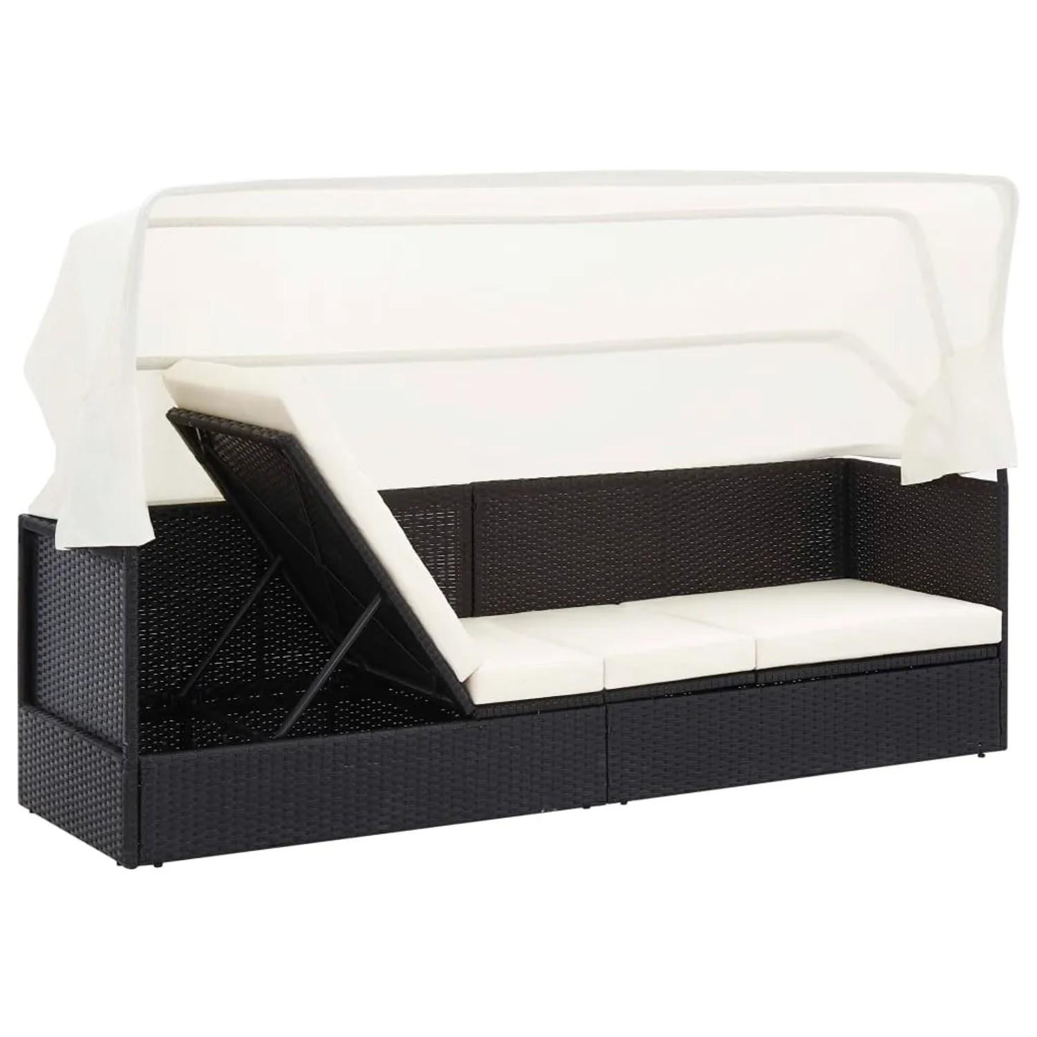 Schwarzes Gartensofa mit Sonnendach aus Polyrattan und cremeweißen Kissen.