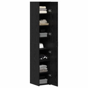 vidaXL Highboard in Schwarz Eichen-Optik, 185 cm hoch, mit offenen Türen und Regalfächern.