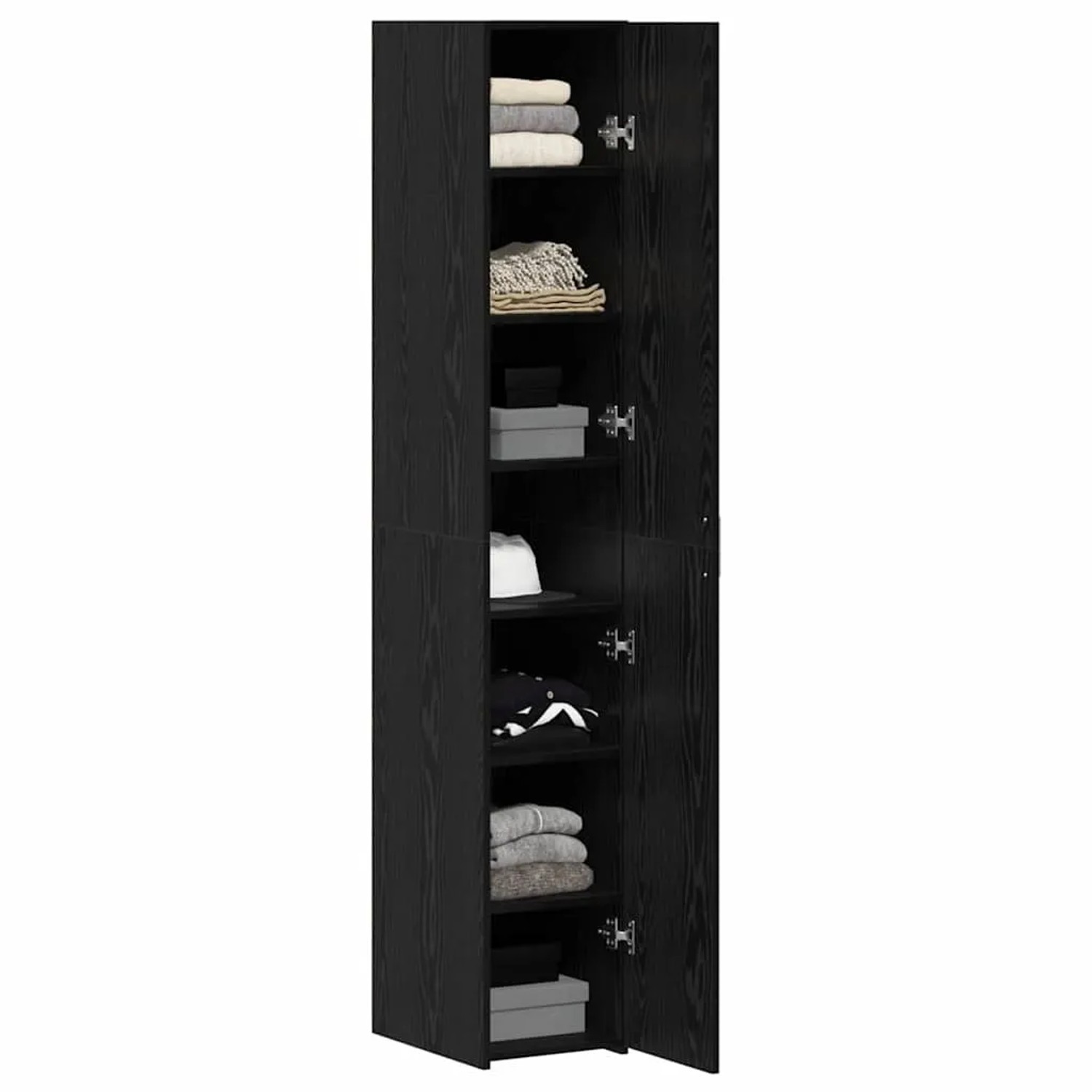vidaXL Highboard in Schwarz Eichen-Optik, 185 cm hoch, mit offenen Türen und Regalfächern.
