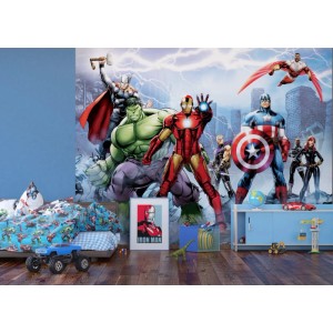 Kinderzimmer mit Avengers Fototapete in Blau, Grün und Rot. Wandbild mit Superhelden.