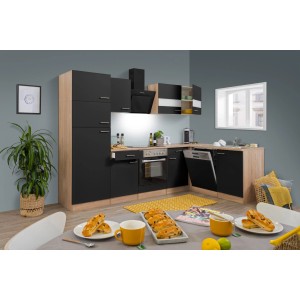 Moderne Respekta Winkelküche in Schwarz und Eiche Sonoma Sägerau Nachbildung mit E-Geräten.