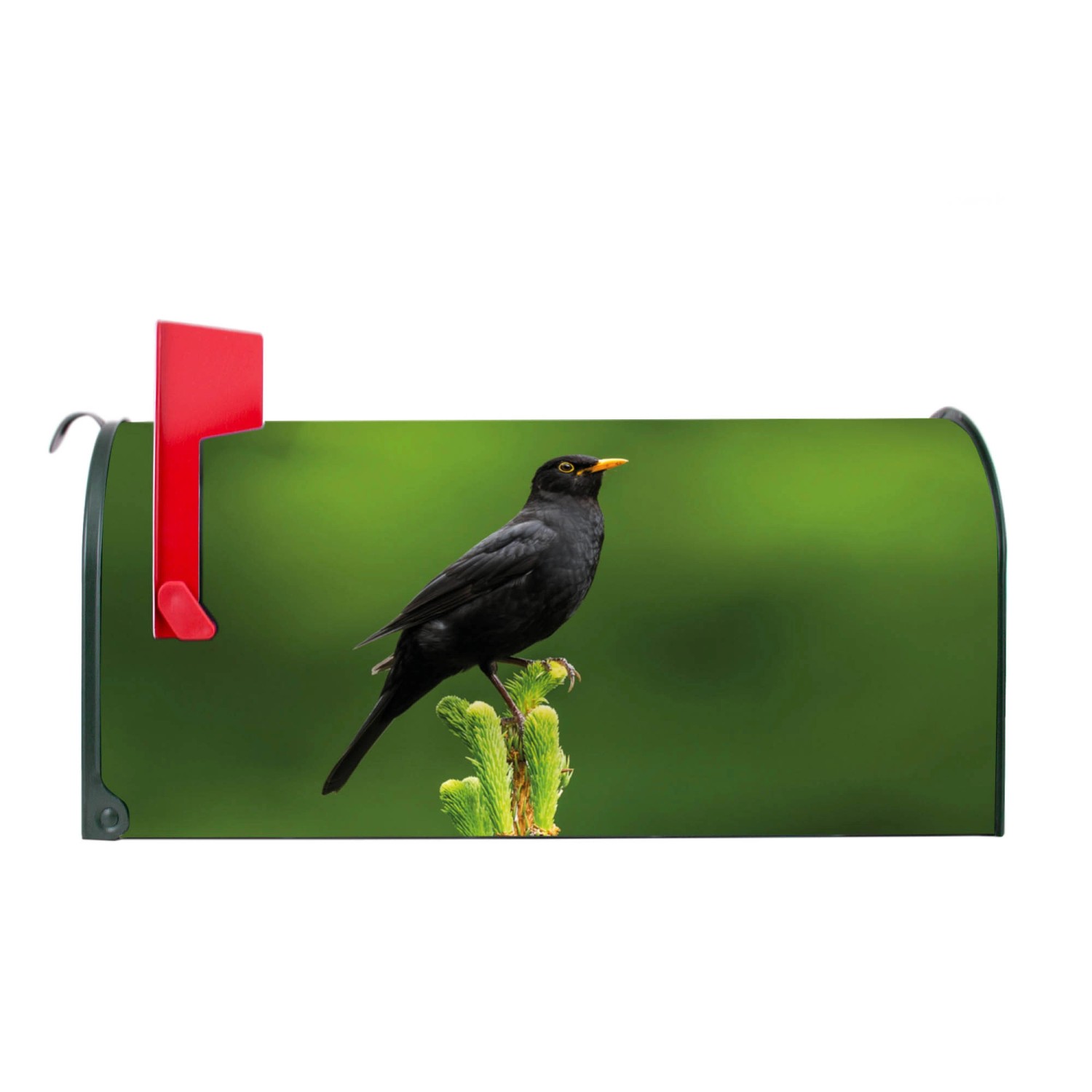 Grüner Banjado US Briefkasten mit Vogel auf Tannenzweig Motiv und roter Fahne.