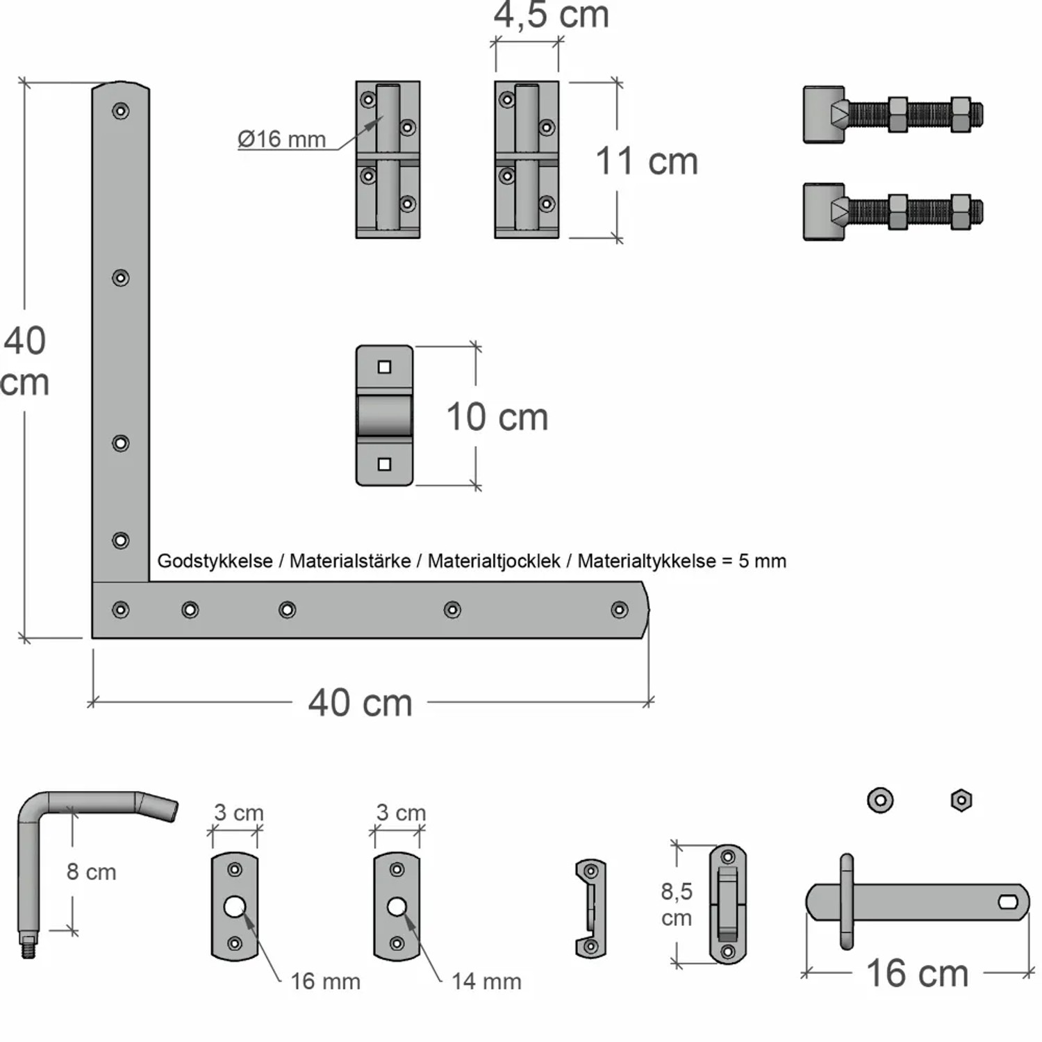 Montage-Set für Gartentor Vinesse: Beschläge, Winkel, Schrauben und Riegel im Detail.