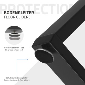 Detailaufnahme: Schwarzes ML-Design Tischbein (X-Form) mit Bodenschoner und höhenverstellbaren Füßen.