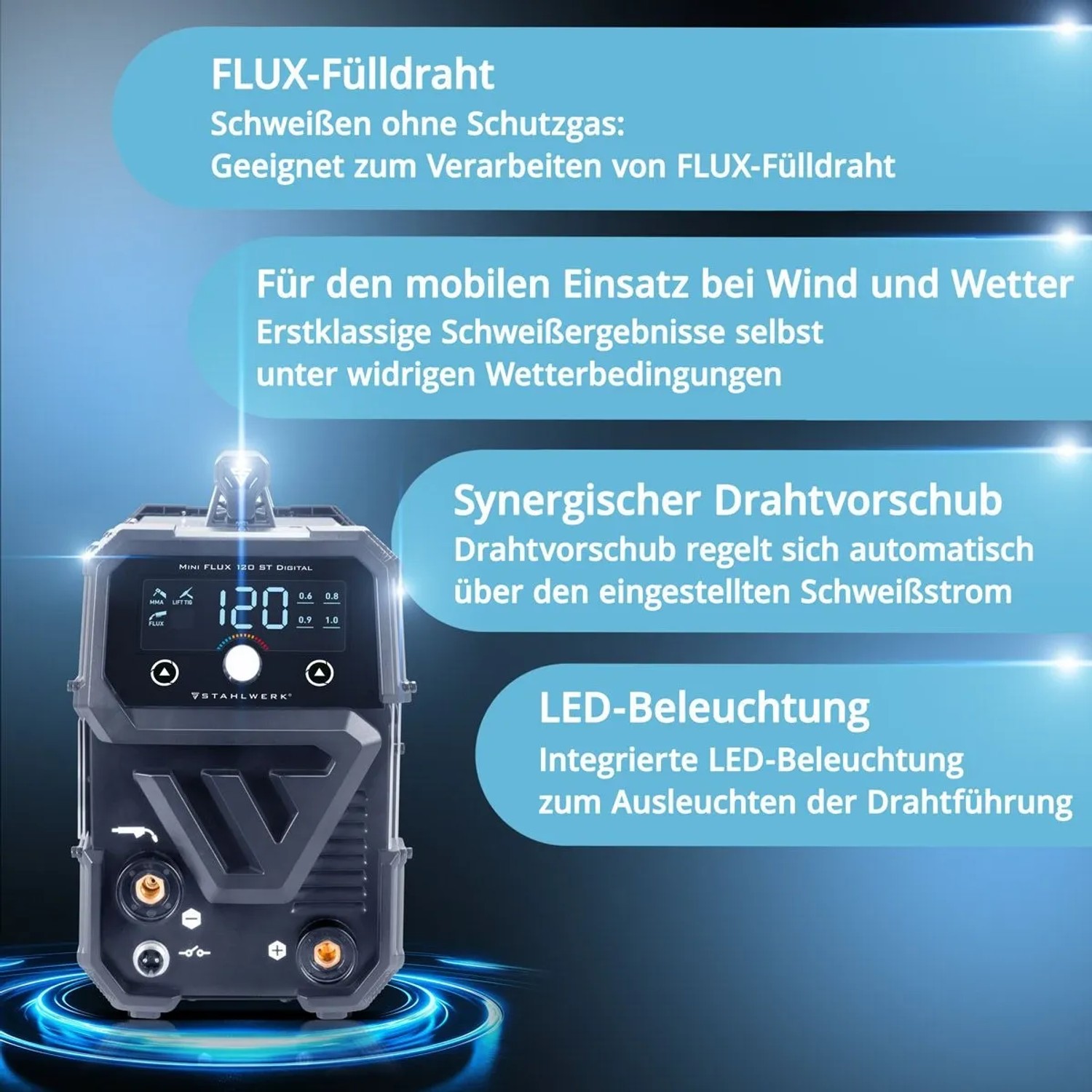 STAHLWERK Schweißgerät FLUX 120 ST Digital Fülldraht MMA ARC LIFT TIG Funktion_2