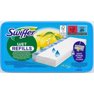 Swiffer Nachfüllpackung mit 12 feuchten Bodentüchern für eine effektive Bodenreinigung.