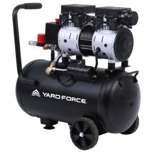 Schwarzer Yard Force Kompressor EX ARC24 mit 24L Tank, Rädern und Griff für mobilen Einsatz.