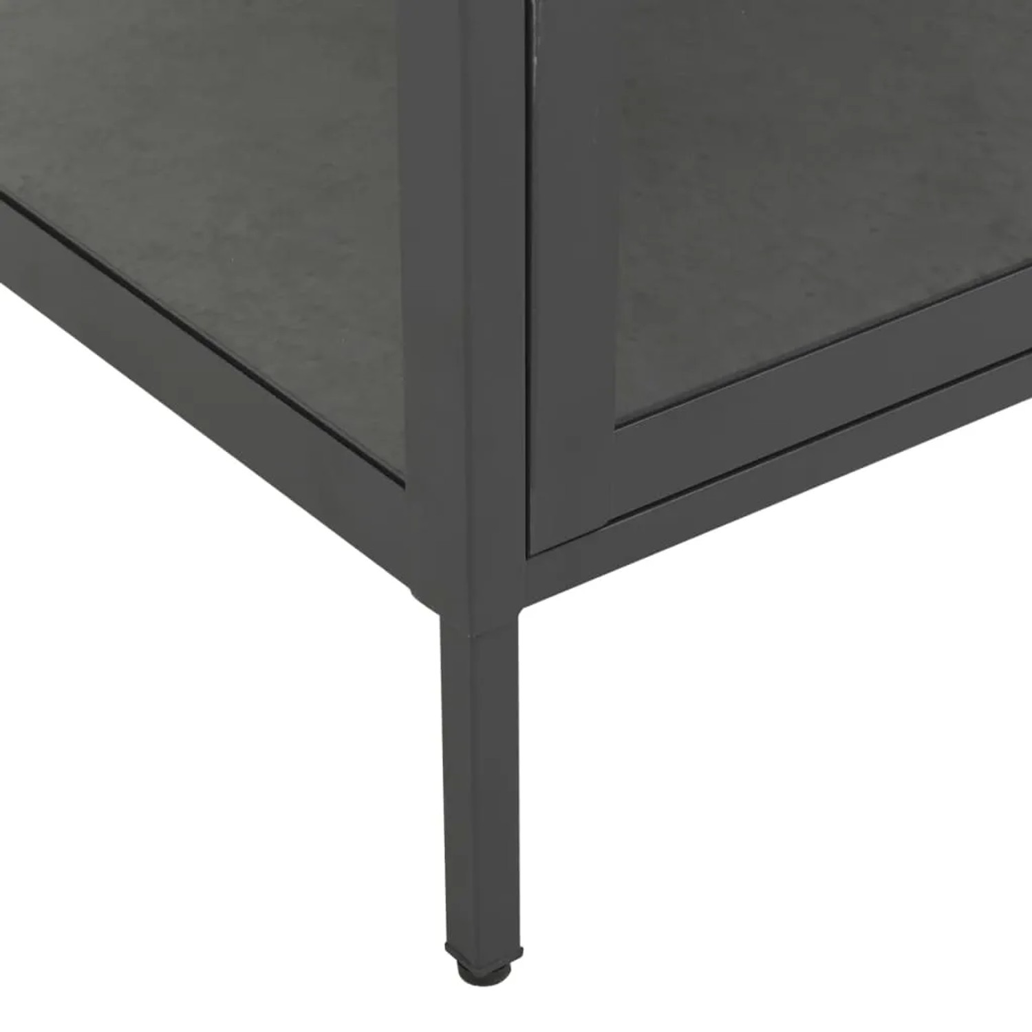 Detailansicht: Anthrazitfarbene vidaXL Vitrine aus Stahl und Glas, Fokus auf Standfuß.
