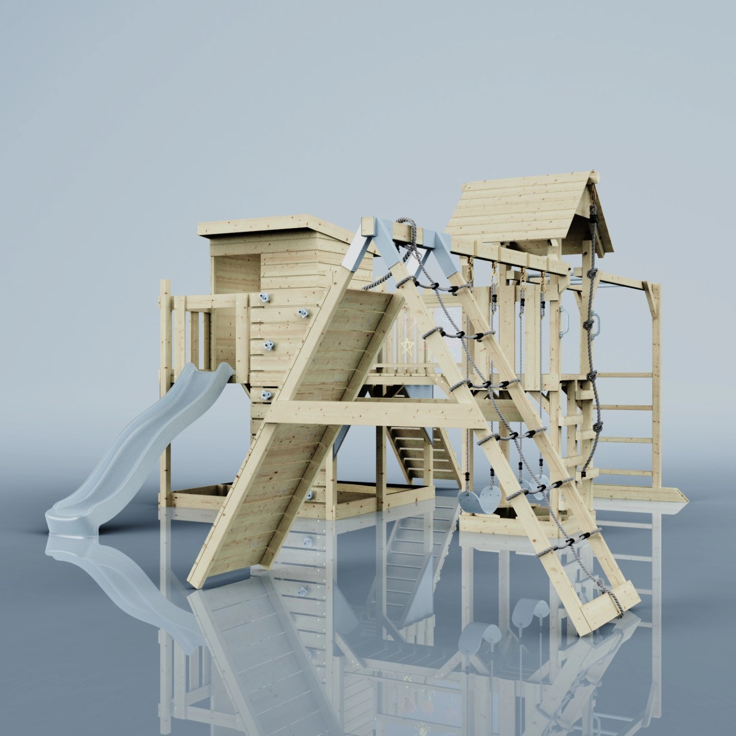 OutdoorToys Spielturm Lars mit Schaukel, Rutsche und Kletterwand aus Holz.