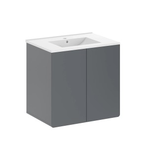 Grauer Vicco Waschbeckenunterschrank Izan mit weißem Keramikwaschbecken als Teil eines Badmöbel-Sets.