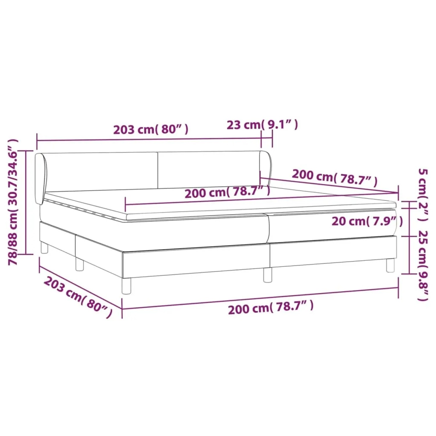 Schwarzes vidaXL Boxspringbett 200x200 cm mit Matratze und Topper, seitliche Maßangaben.